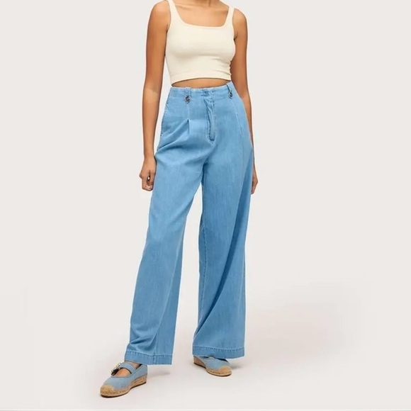 Sam Edelman High Rise Lorelai Pleated Trouser | Light Blue Wide Leg Size 8 NWT - Picture 1 of 5